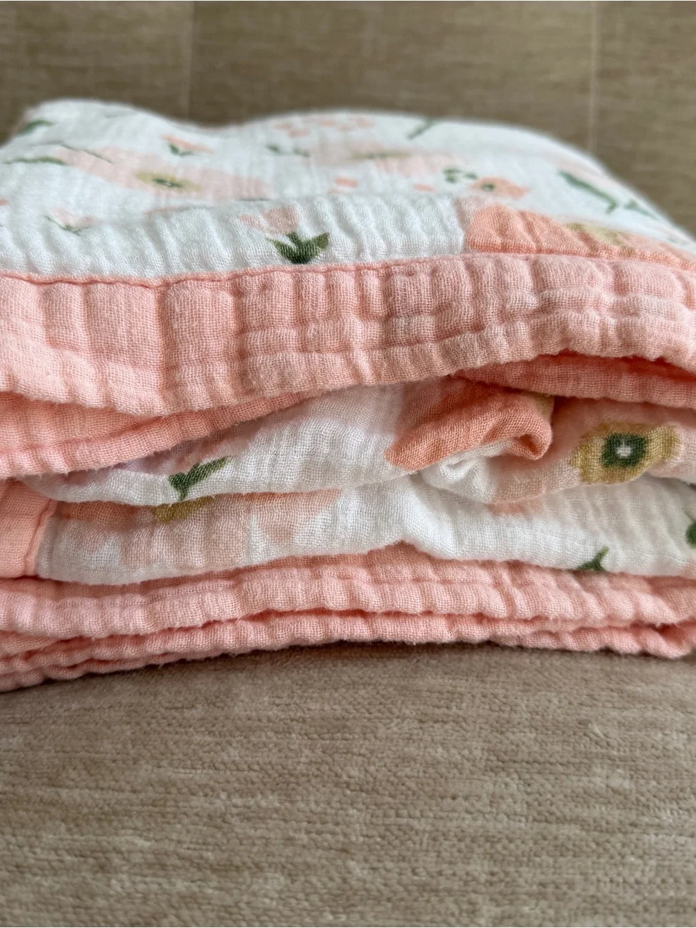 Floral Muslin Baby Quilt Blanket - Soft Peach Bloom